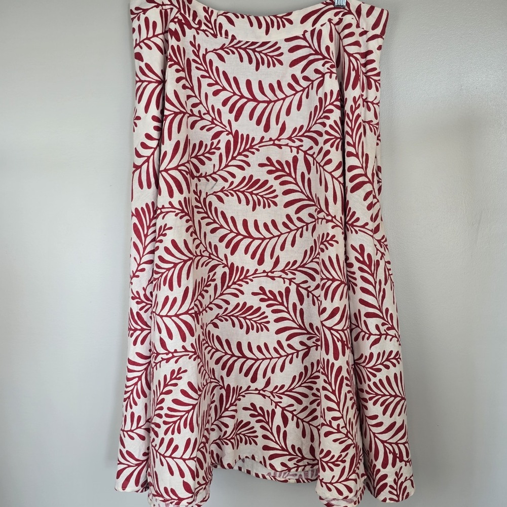 White Skirt Red Leaf‎ Print Midi Linen Blend Pockets Modest Holiday Sz 14.C180